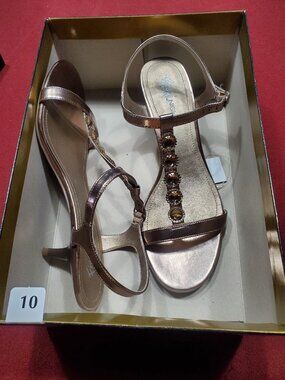 Fioni Night Kara Bronzed Gold Low-heel Jeweled T-strap Sandals